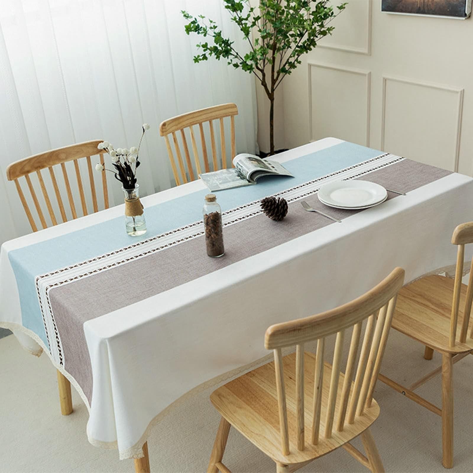 Daesar - Mantel Rectangular Mesa Terraza,Mantel Antimanchas Poliéster Empalme de Rayas con Encaje Mantel Centro de Mesa Decorativo Azul Café,140x180CM(71x55Inch)