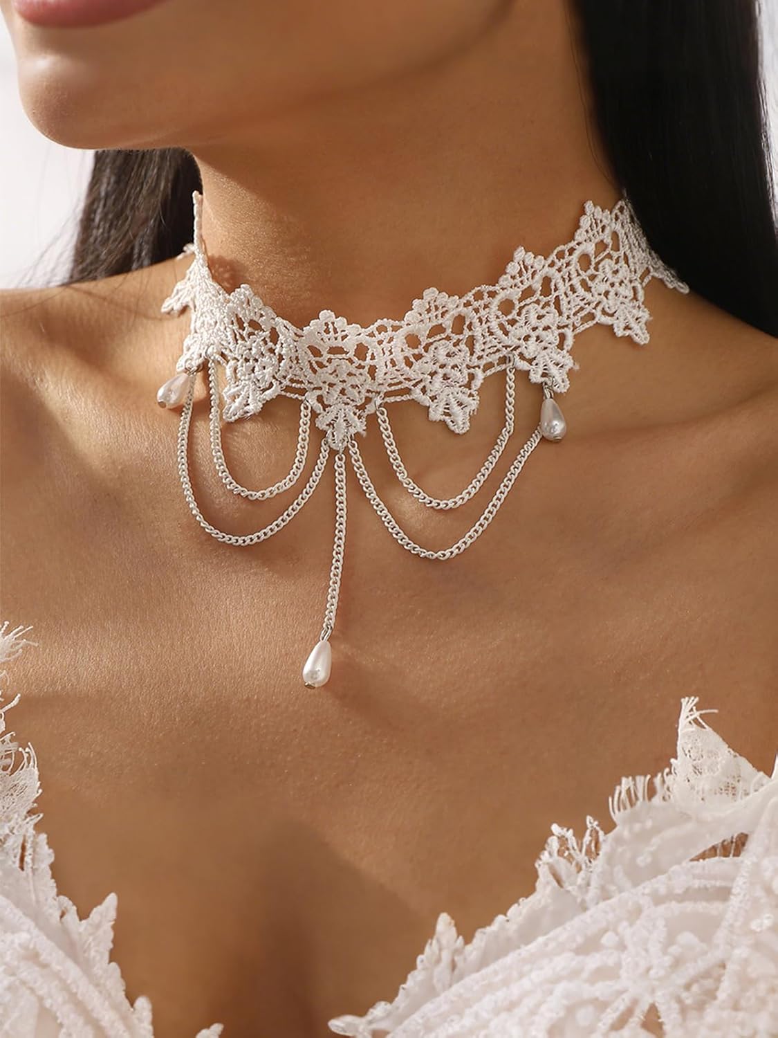 Lace Choker Necklace for Women White Black Tassel Pendant Choker Necklaces Elegant Boho Collar Necklaces Statement Artistic Chain Necklace with Pearl Halloween Party Cosplay Costume Jewelry - Image 3