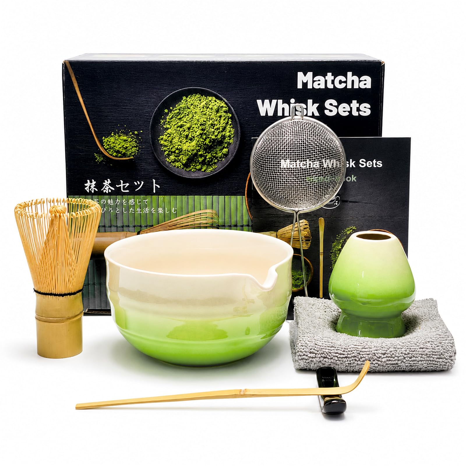 Muexoee 7 Pcs Matcha Set,Matcha Tea for Making Breakfast/Latte,Whisk Set and Bowl with All Accessories，Authentic Tea Ceremony，Gradient Green Bowl, Stirrer Yellow