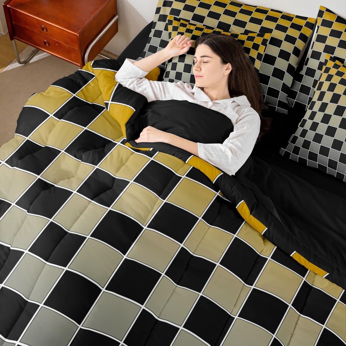 Erosebridal Black Checkered Queen Bed in A Bag 7 Piece Yellow Grey Ombre Comforter Set with Sheets Buffalo Plaid Grid Bedding Sets for Kids Adults,Aesthetic Gingham Bed Set