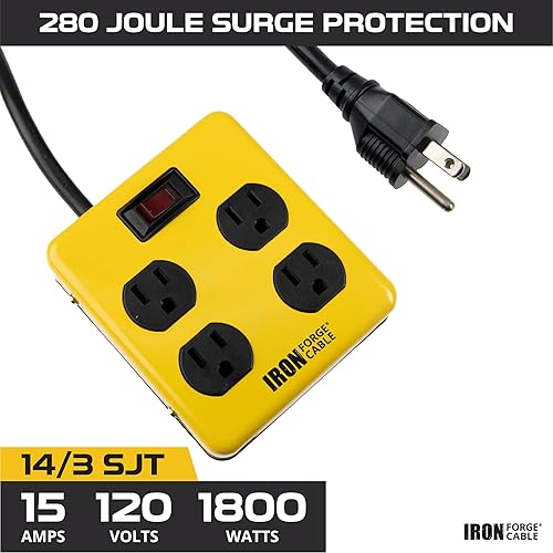 Miniatura 3 de Iron Forge Cable Regleta de protección contra sobretensiones resistente de 4 salidas con disyuntor integrado, 143 SJT negro y amarillo con cable de
