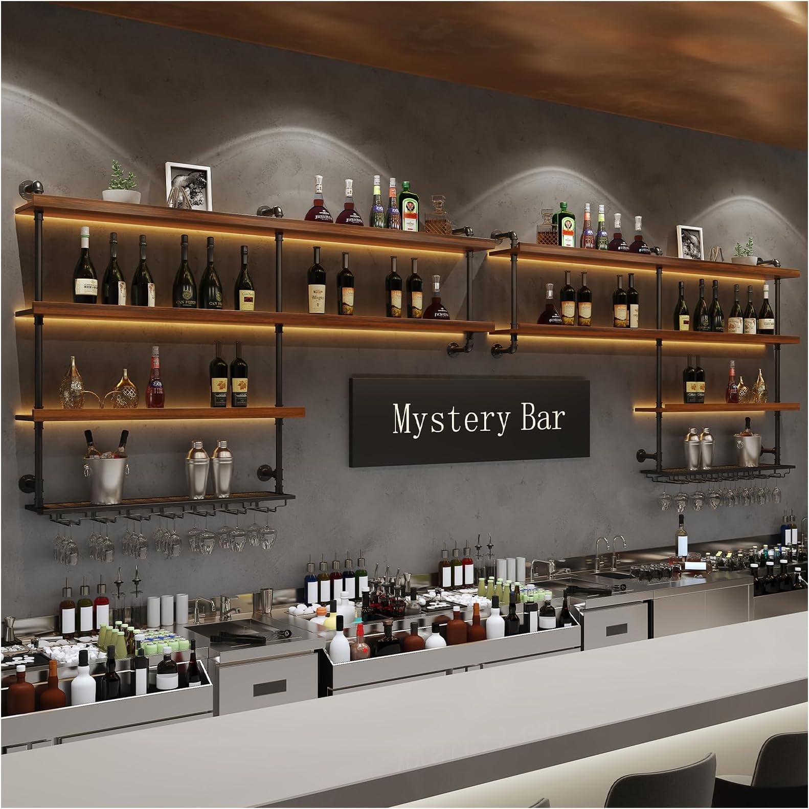 4 Tier Large Wall Mounted Wine Rack, Bar Shelves with LED Lights & Glass Holder, Rustic Solid Wood Iron Liquor Bottles Floating Shelves, for home Bar/Restaurant Full Wall Display (118.2in/300cm)