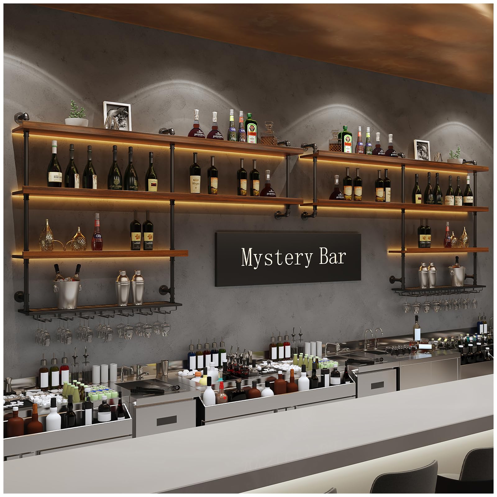 118.2in Large Wine Rack with LED Light, 4 Tiers Solid Wood Wall Mounted Wine Rack, Industrial Liquor Bottles Floating Shelves with Glass Holder for Home Bar/Dining Room (118.2in/300cm)