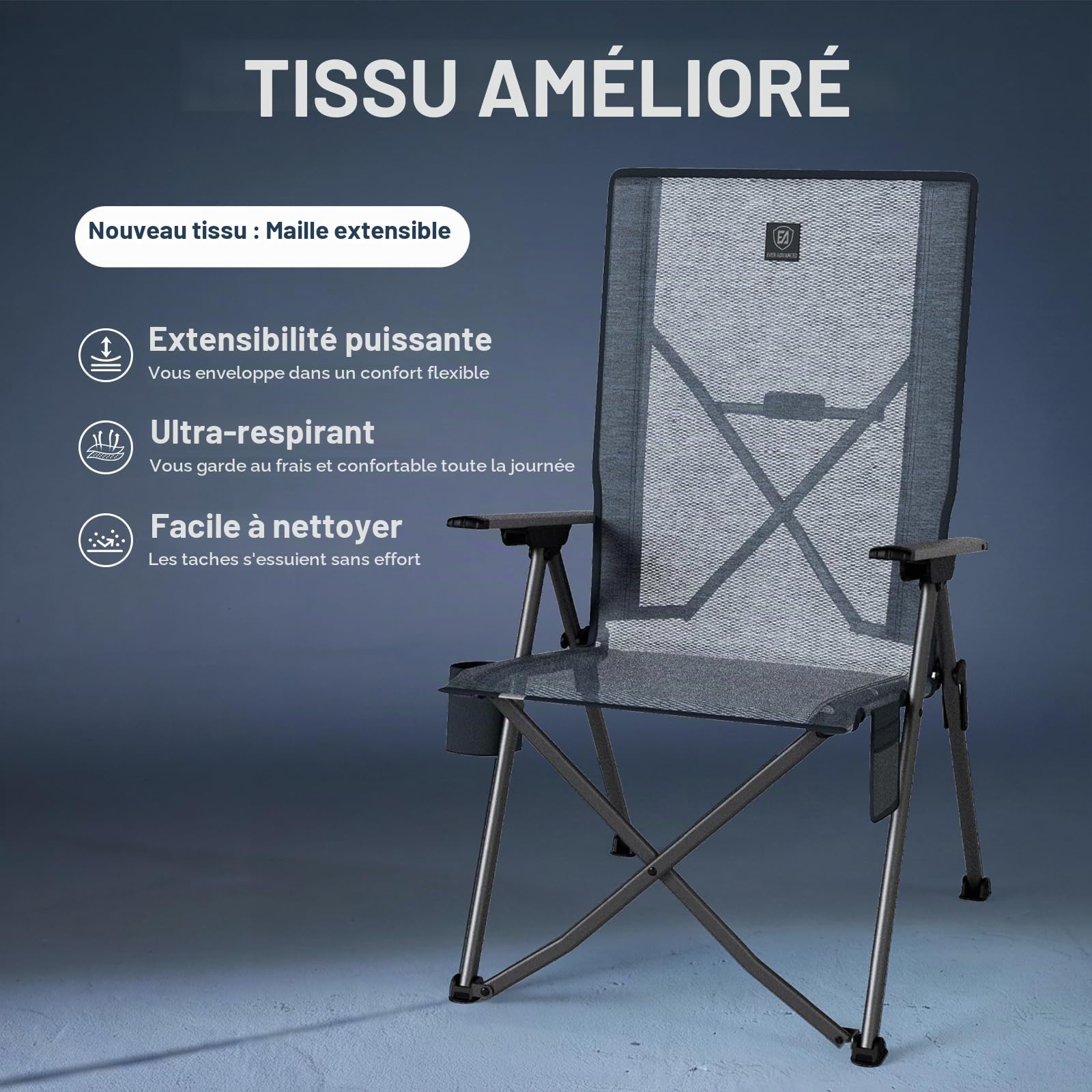 EVER ADVANCED Chaise Camping Pliable, Dossier réglable, Tissu Mesh | Chaise pliante réglable 4 positions 160kg, dossier haut avec poche et porte-gobelet, camping, jardin, gris 1Pc