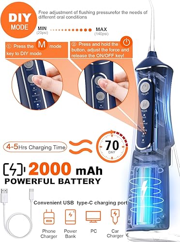 Miniatura 5 de Flosser dental de agua Dental Pick Irrigador oral inalámbrico portátil 300ML Limpiador de riego de viaje recargable IPX7 Impermeable Máquina de hilo