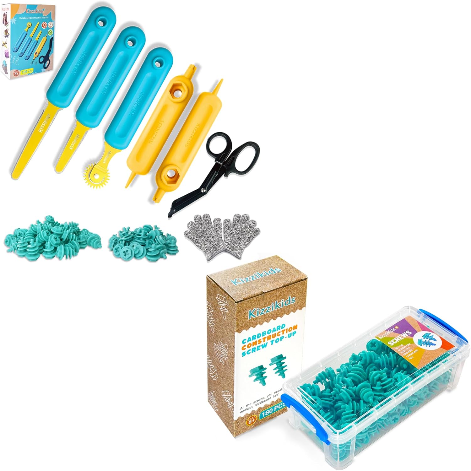 129 Piece Cardboard Tools for Kids and 180 Piece Screws Top-up (Blue)