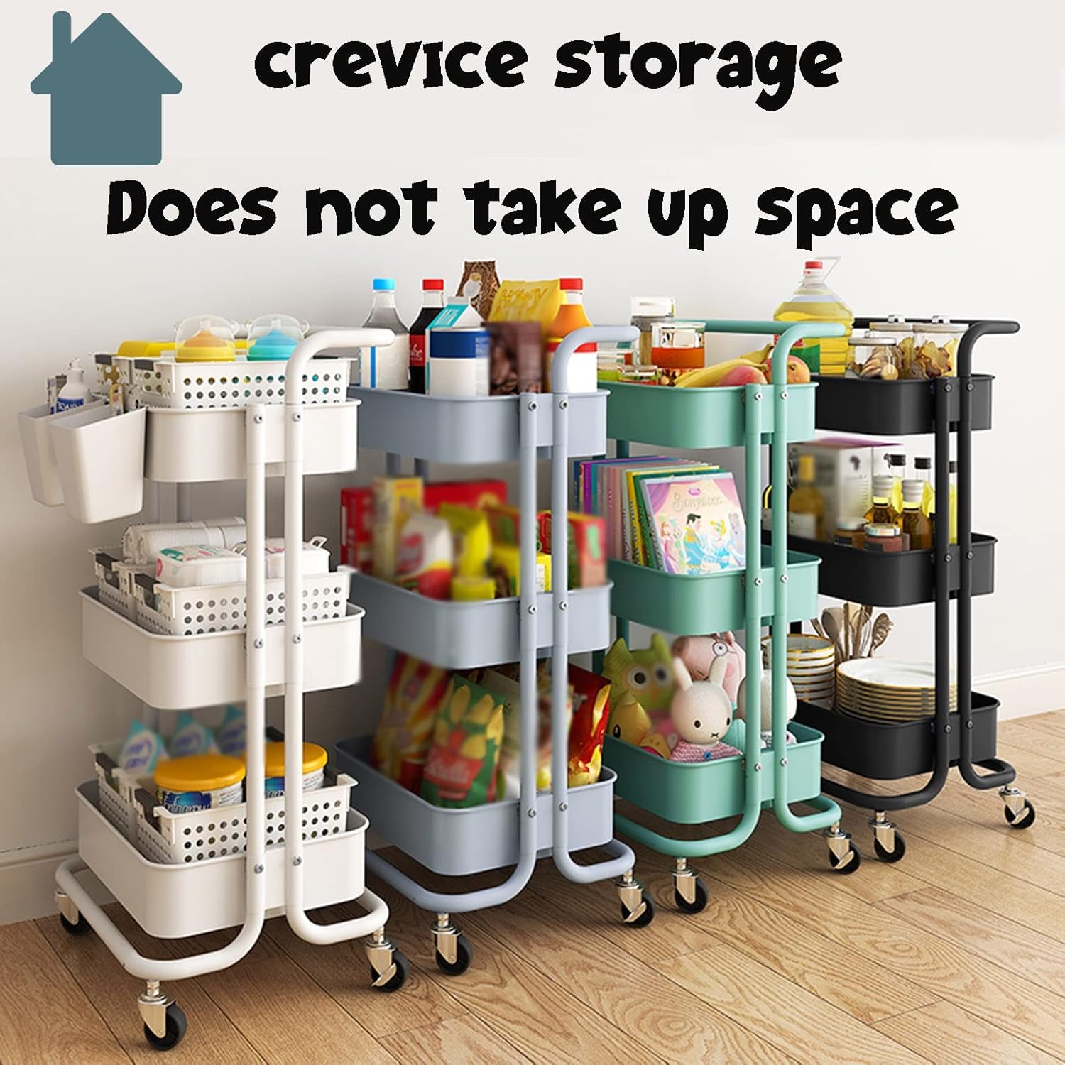 3 Tier Plastic Rolling Utility Cart, with Handle and Wheels, Storage Rolling Cart with Wheels, 85x36x44cm, Easy to Assemble, Easy to Move, Clear Bathroom Kitchen Laundr