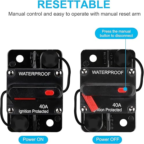Miniatura 2 de Disyuntor impermeable de 40 amperios, portafusibles, disyuntor de audio, con reinicio manual, 12V-48V CC, 30A-300A, para sistema de audio de barco