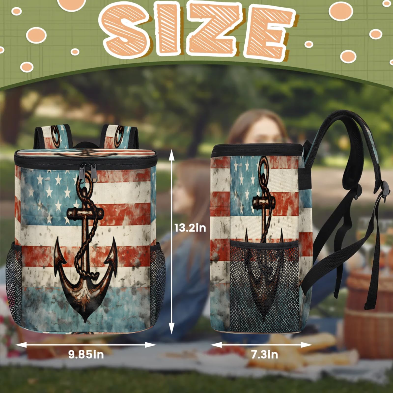 CNNINGYI Camping Cooler Backpack 30 Cans, Soft 4th of July Backpack Coolers Insulated Leak Proof Travel Cooler Bag, Waterproof Lunch Picnic Work Bag, Vintage Ocean Anchors