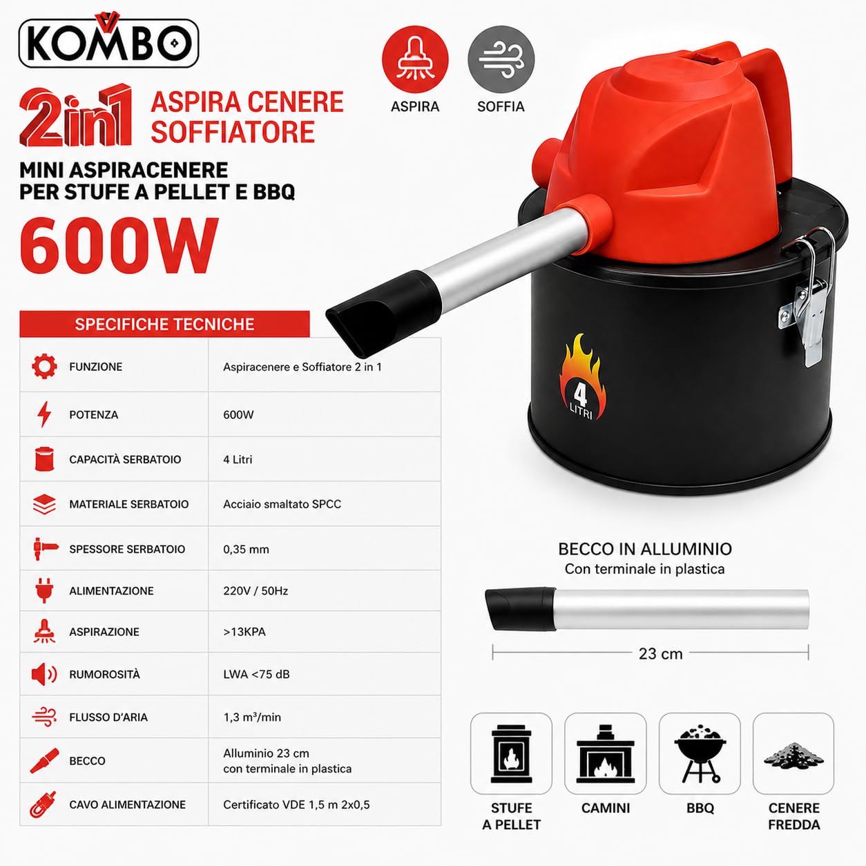 Mini Aspiracenere e Soffiatore 2 in 1 600W 4L Portatile per Stufe a Pellet BBQ Camino con Becco Alluminio 23 cm