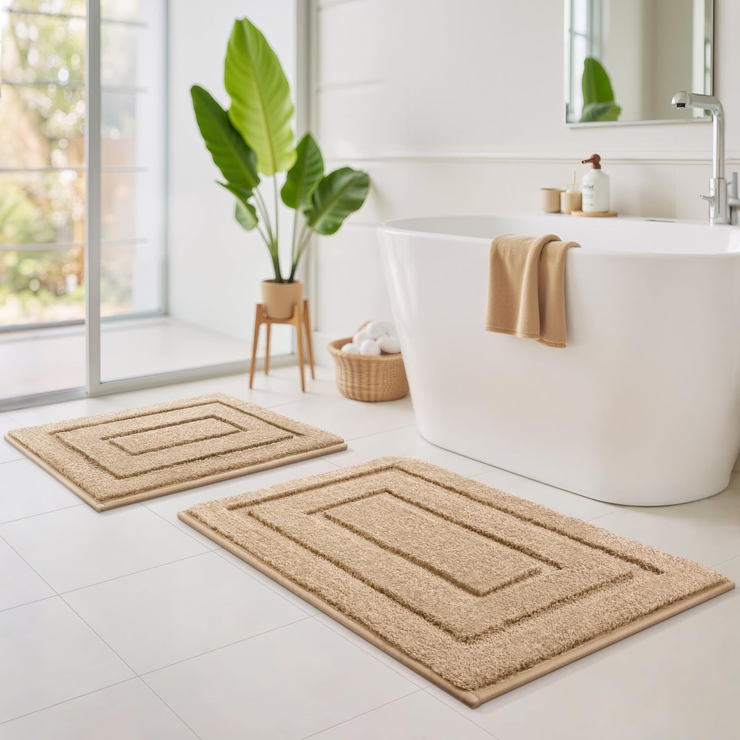 GRANNY SAYS Bathroom Rugs Sets 2 Piece,Soft Bath Mats for Bathroom, Bath Rugs Non Slip Washable, Absorbent Bath Rug for Tub,Shower and Toilet, Bathroom Mat Set (Beige, 20" x 32" + 16" x 24")