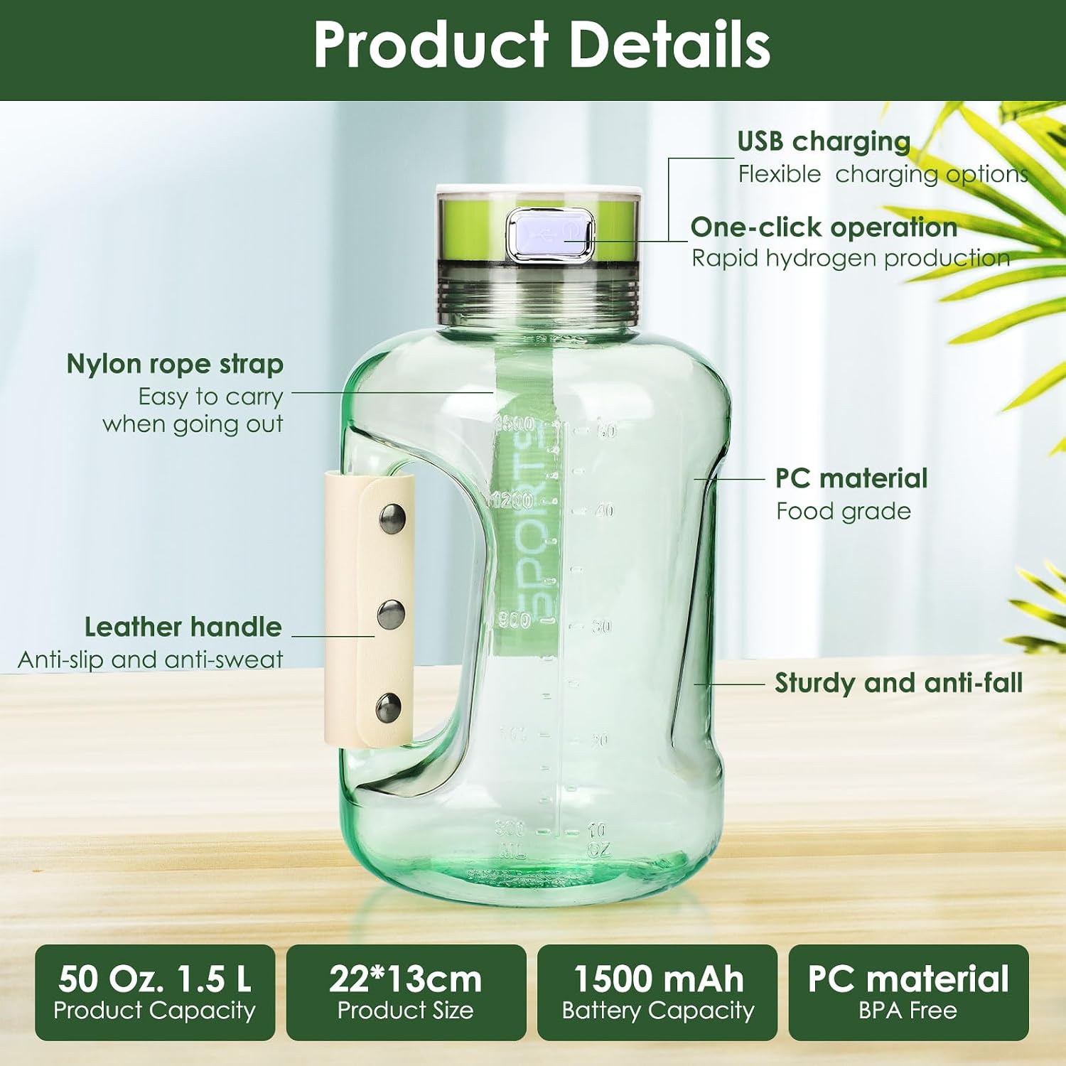 Hydrogen Water Bottle, 50 OZ Portable Hydrogen Water Bottle Generator Machine Hydrogen Rich Ion Hydrogen Water Ionizer for Home Sport Travel Exercise Gift (Green)
