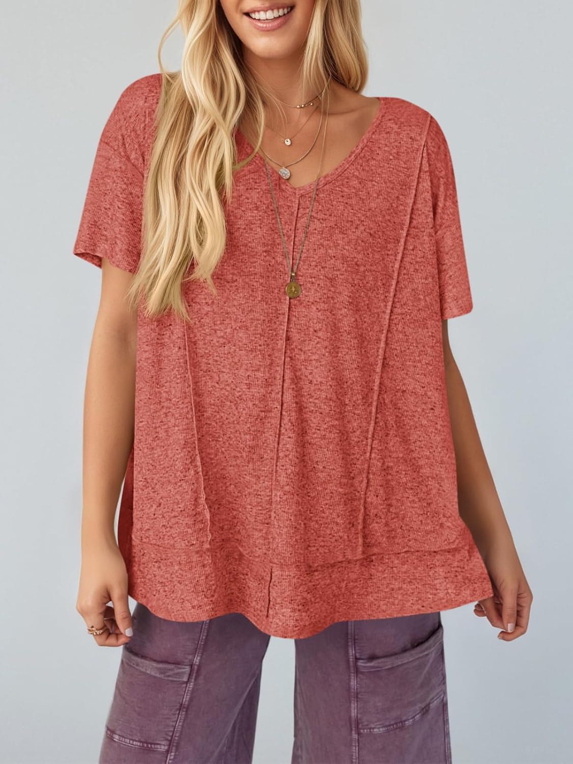 Tankaneo Womens Oversized Tshirts Knit V Neck Short Sleeve Tunic Tops Summer Casual Loose Fit Tee Shirts - Image 2