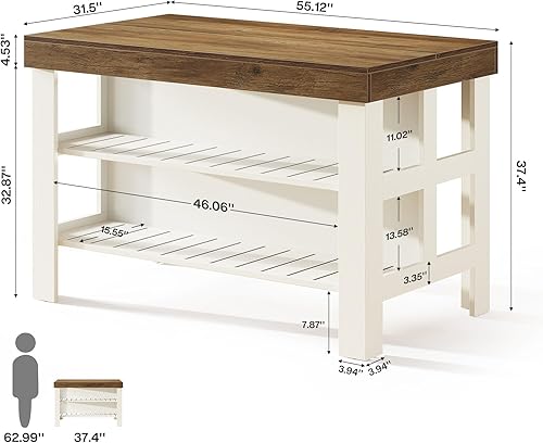 Miniatura 2 de Tribesigns Isla de cocina con estantes para asientos y almacenamiento, mostrador de desayuno de 55.1 pulgadas, mesa de isla de granja para cocina y