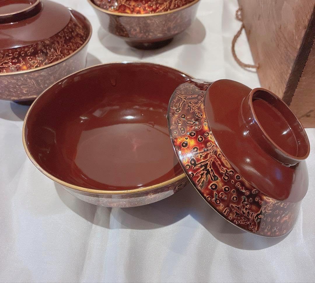 アンティーク品(明治)若狭塗り お吸い物5人分＆木箱set 明治 若狭