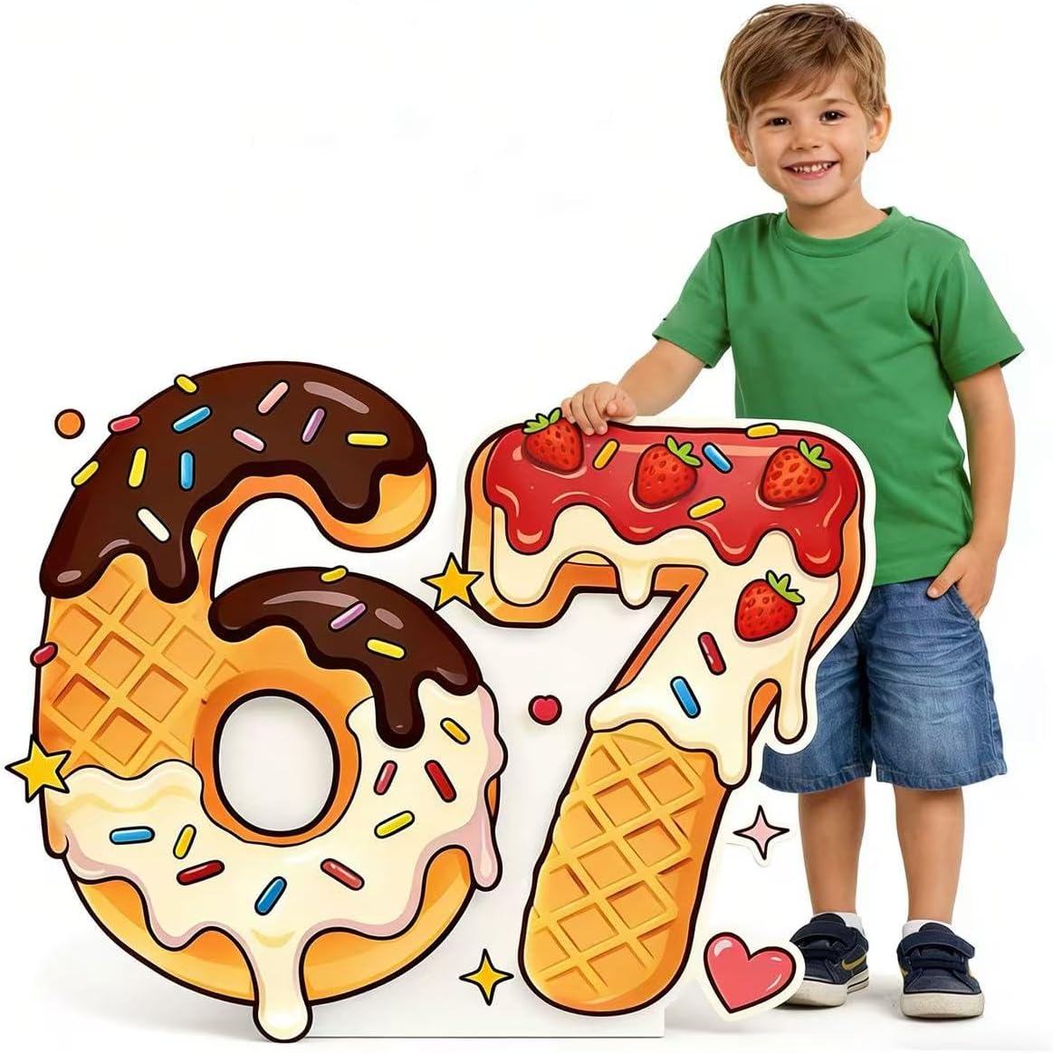 Large 6 7 Cardboard Cutout Stand-Up, 20 * 16 Inch 6 7 Birthday Decorations, Cartoon 67 Meme Themed Donut Ice Cream Photo Booth Prop, Funny Six Seven Birthday Party Backdrop Decorations (Pink&Blue)