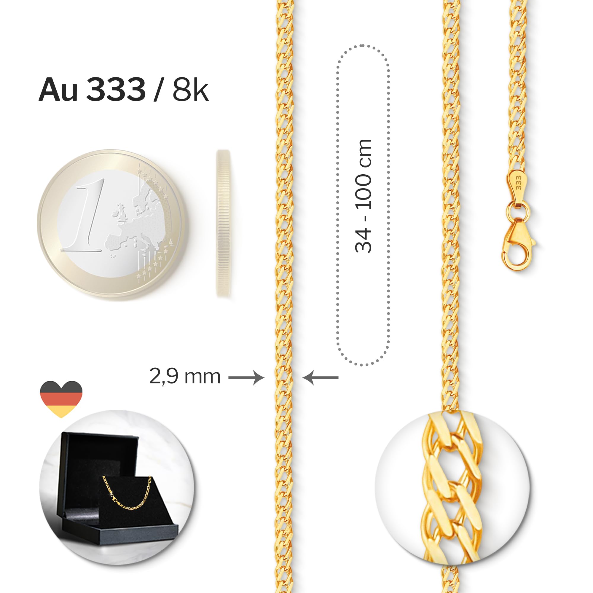 EDELIND Goldkette Damen Herren 333 375 585 Gelbgold Zwillingspanzerkette 2.9 mm Echtgold Halskette Gold Schmuck Geschenkbox Made in Germany