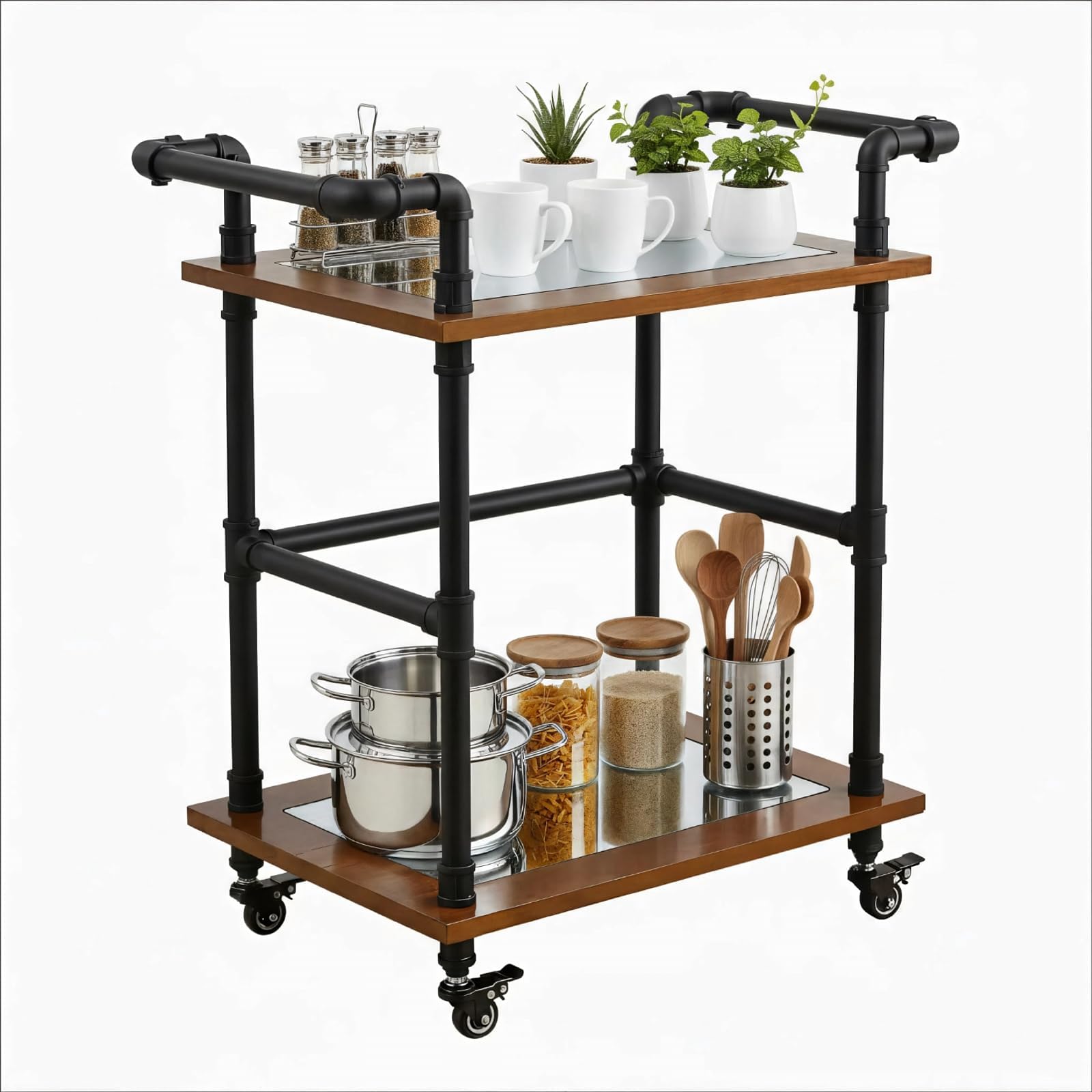 Industrial Pipe Bar Cart, Solid Wood Serving Cart, Rolling Kitchen Cart