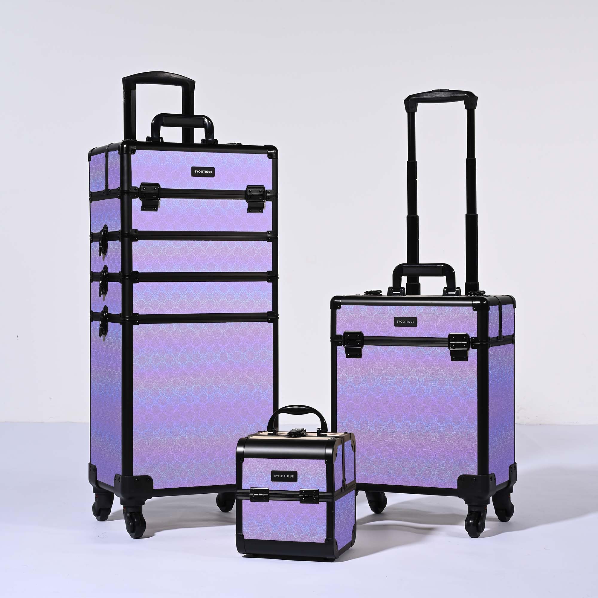 BYOOTIQUE Rolling Makeup Train Case on Wheels 3-Piece Cosmetology Organizer Kit Trolley Organizer Lockable Salon Hairstylist Traveling Cart bag for Nail Slon Esthetician,ForgetMeNo Purple