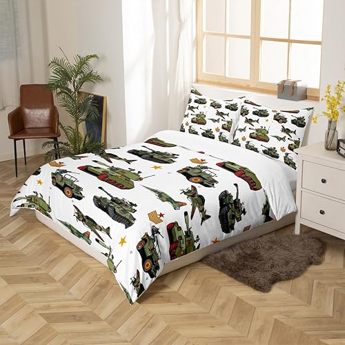 Miniatura 4 de Manfei Juego de funda de edredón con temática de guerra, tamaño individual, juego de ropa de cama de tanques de aviones de 2 piezas para decoración
