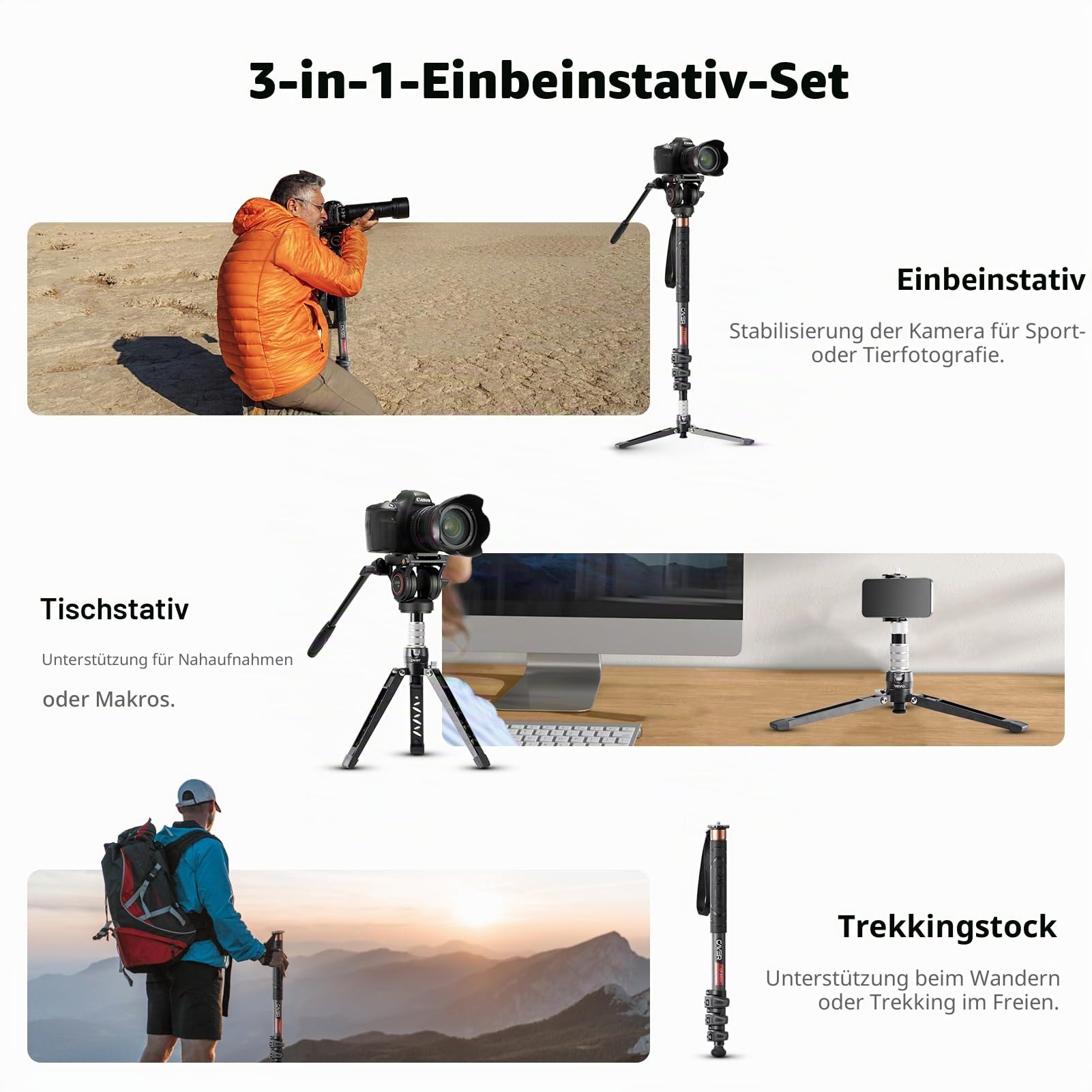 Cayer CF34DV Professionelles Video-Einbeinstativ 71 "Carbonfaser-Einbeinstativ mit Schwenk-Neige-Fluidkopf und 3-Bein-Stativfuß für DSLR-Videokameras-Camcorder sowie 1 zusätzliche Gleitplatte