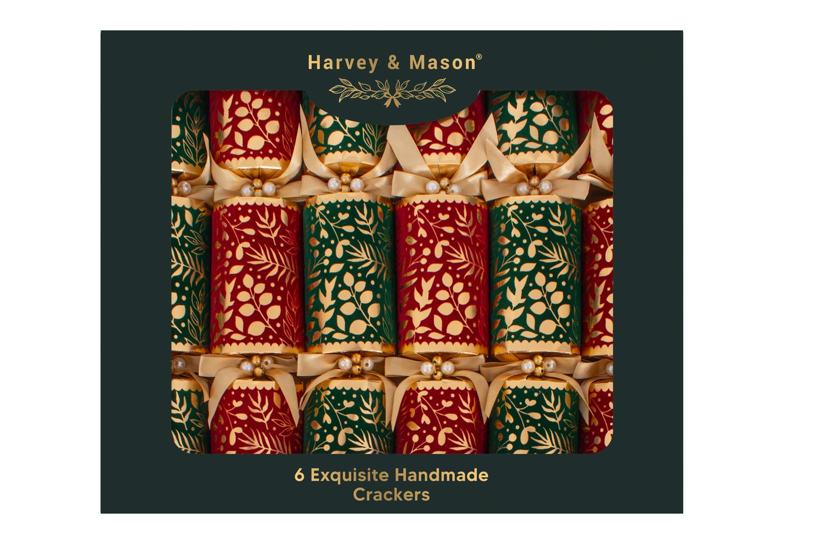 Rsw Red/Green Gold Foil Harvey & Mason 6 Exquisite Flock 13.5" Crackers – Luxury Christmas Table Crackers With Velvet Finish, Satin Ribbon & Pearl Detail – Includes Hats, Mottos & Premium Gifts