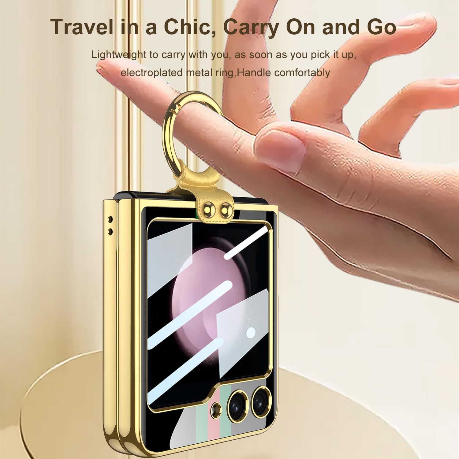 SHIEID Galaxy Z Flip 5 Case Painted Glass Phone Cover with Ring Holder and Small Screen Protection Ultra-Thin Glass Fashion Design for Samsung Galaxy Z Flip 5 Case, Mysterious Black