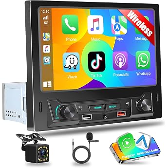 Single DIN Bluetooth Car Radio with A-pple Carplay Android Car Radio 8 Inch HD Touchscreen Car Stereo Radio with AUX DSP FM Coloured Backlight 2 USB + Reversing Camera