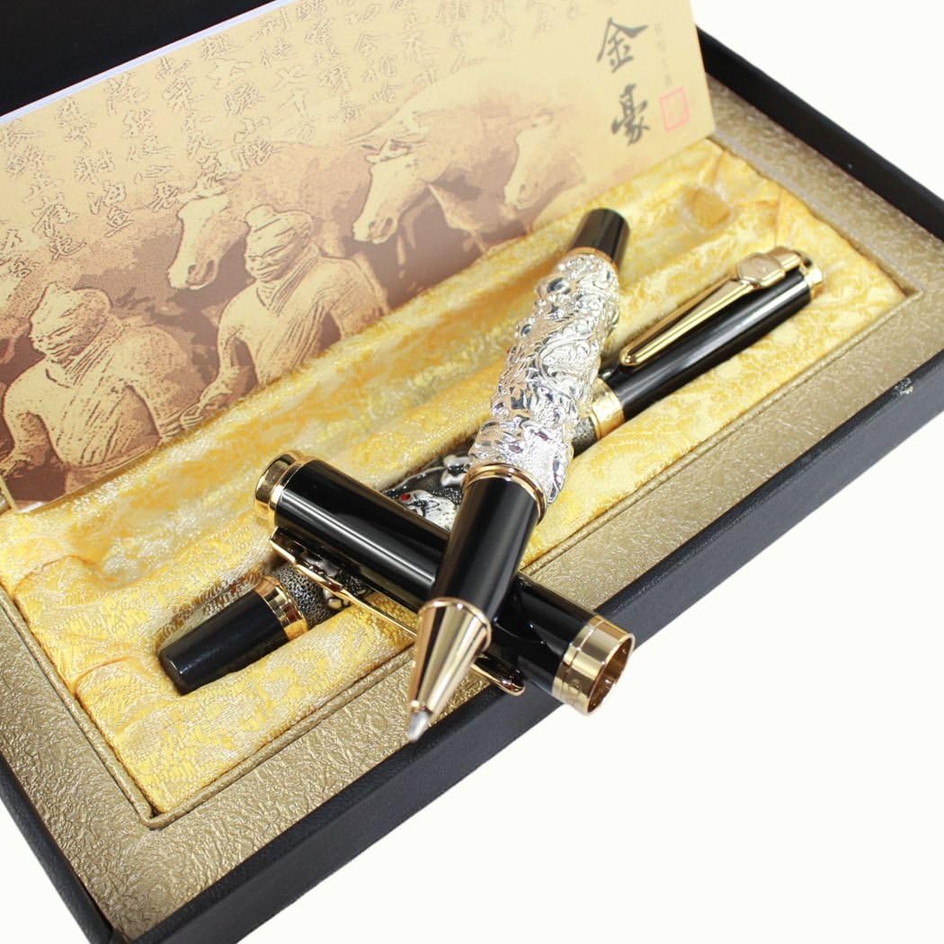 Gullor 2 pcs Jinhao Auspicious Dragon rollerball pen, antique silver & white