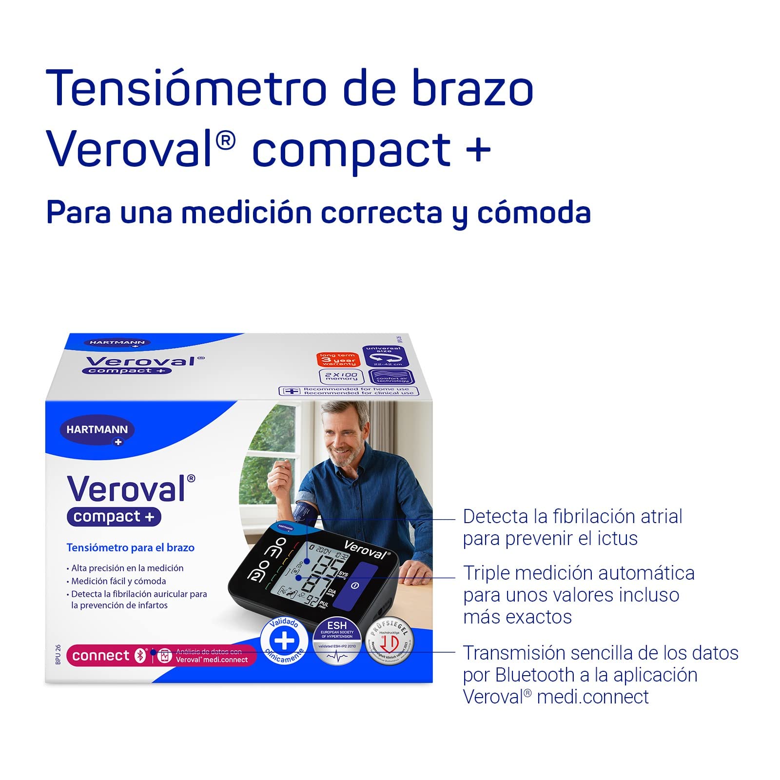 VEROVAL Compact +, Tensiómetro de Brazo Digital, Aparato para Medir la Tensión Arterial, Triple Medición Atutomática, Rápido y Preciso, Ergonómico, 200 Lecturas, Talla Universal (22-42cm)