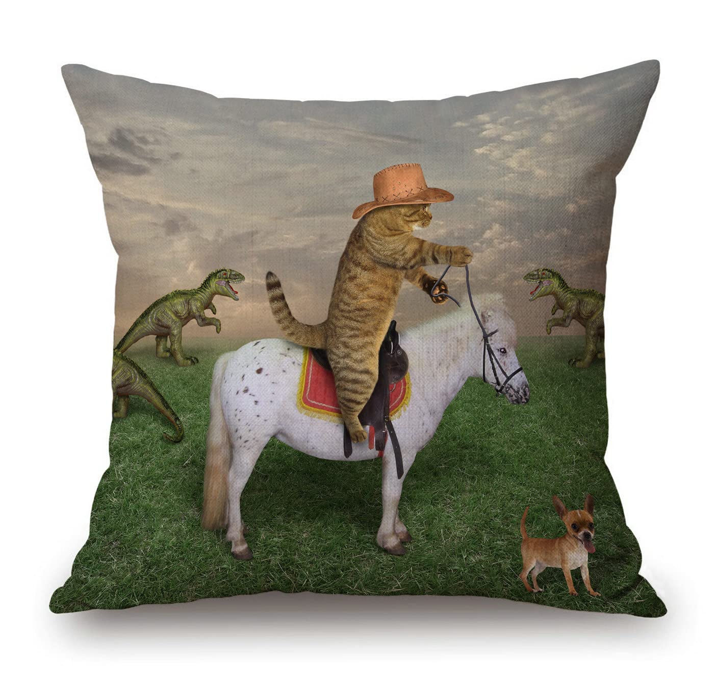 Solekla The Cat Cowboy on a Horse Grazes a Herd of Dragons on The Farm Decorative Throw Pillow Cover Case Cushion Home Living Room Bed Sofa Car Cotton