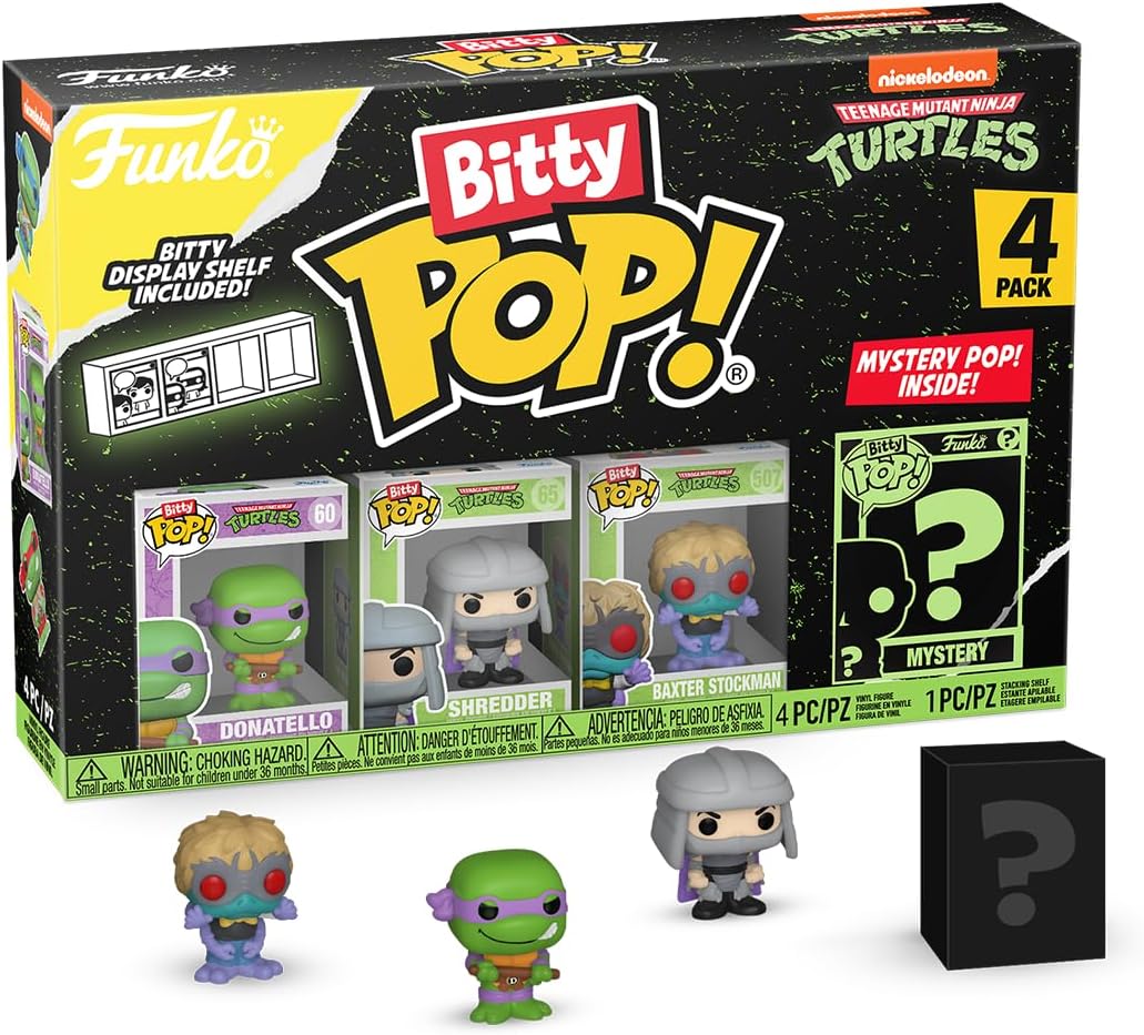 Bitty POP! Teenage Mutant Ninja Turtles - Donatello,Shredder,Baxter Stockman and A Surprise Mystery Mini Figure - 0.9 Inch (2.2 Cm) - TMNT Collectable - Stackable Display Shelf Included