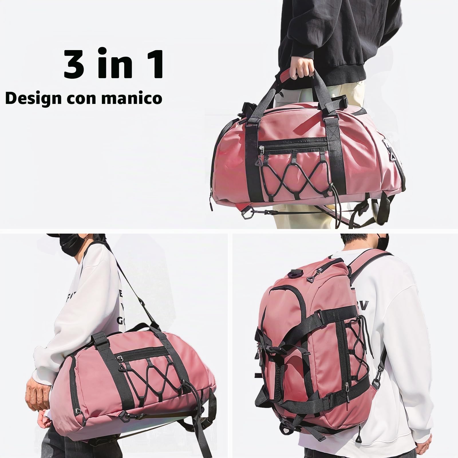 Borsone Palestra Impermeabili da 30L per Donna, con Porta Scarpe e Tasca Umida, Borse Sportive Leggere, Borsa da Viaggio Multitasca per Weekender, Adatto per Nuoto Yoga Basket, Rosa