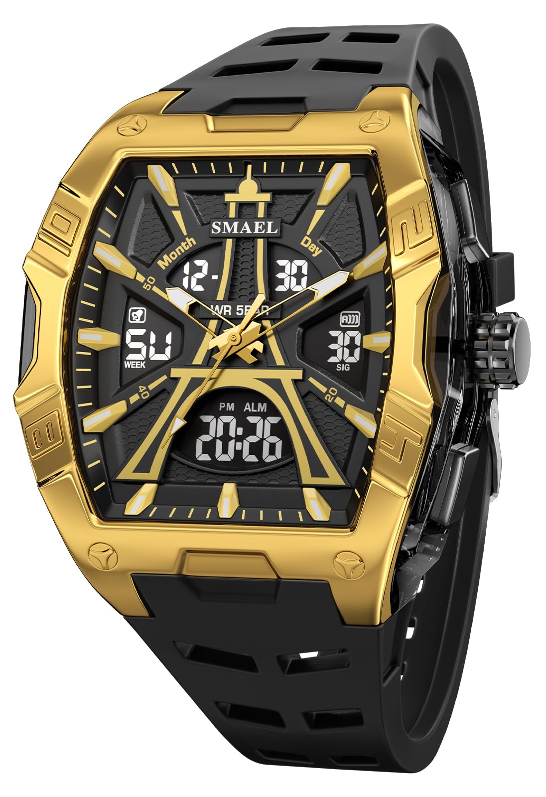 Gosasa Tonneau, orologio sportivo da uomo, alla moda, analogico, digitale, resistente all'acqua fino a 50 m, orologio da polso oversize con retroilluminazione a LED, cronometro, sveglia