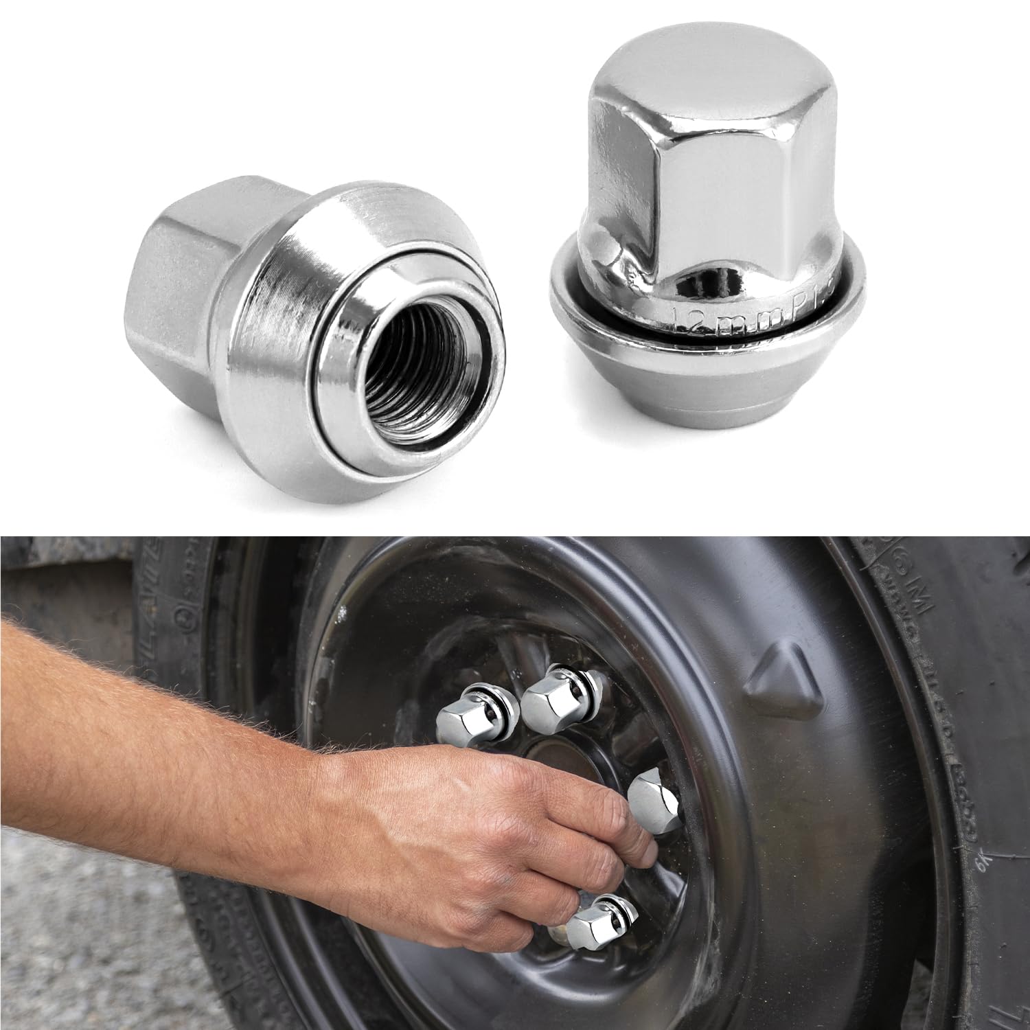 QWORK® 20 sztuk chromowanych nakrętek do kół M12 x 1,5 x 34, nakrętki do kół 28 mm, kompatybilne z większością modeli Ford i Volvo