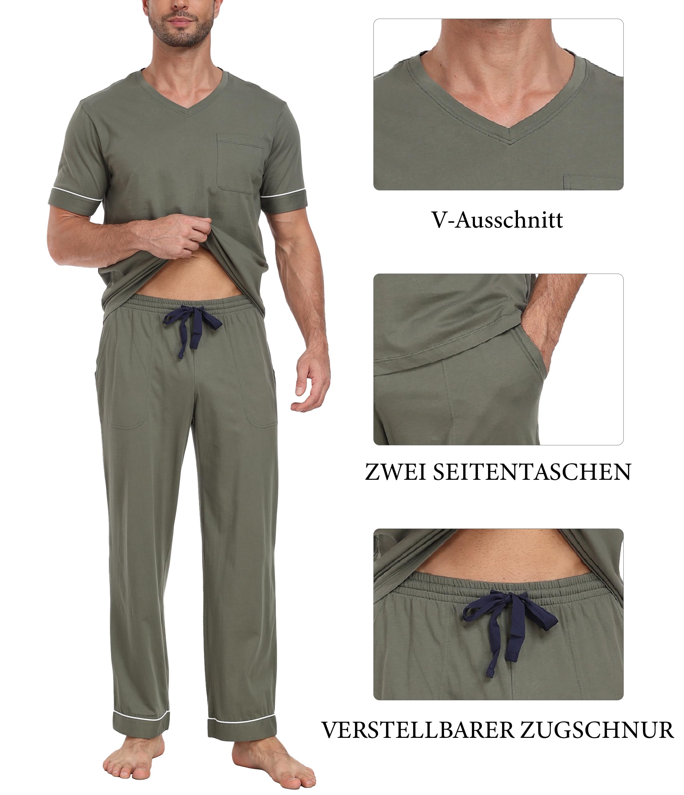 COLORFULLEAF 100% Baumwolle Schlafanzug Herren Lange Hose Kurzarm Nachtwäsche Herren Pyjama Set V-Ausschnitt T-Shirt