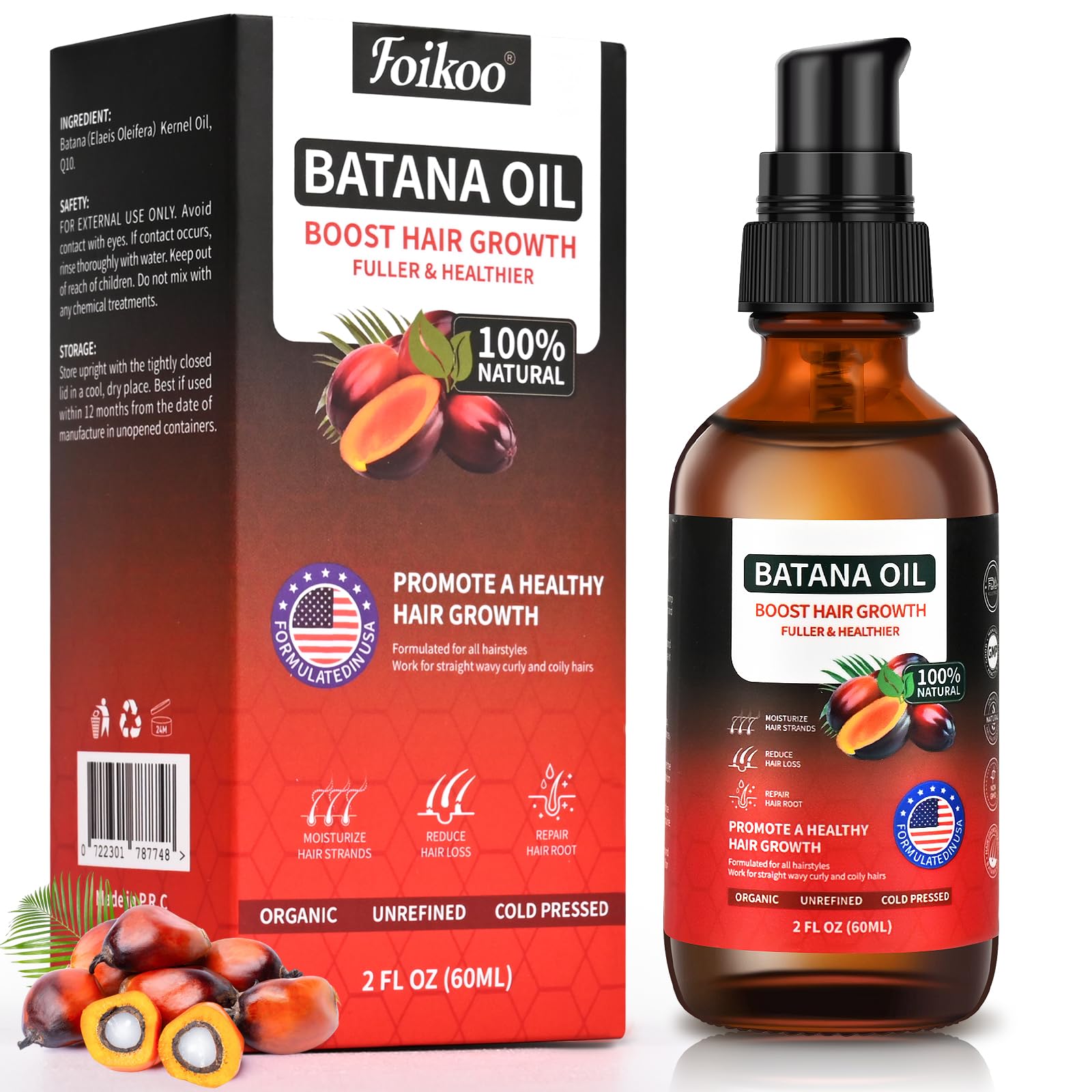 Foikoo Batana Oil Spray for Hair Growth, 100% Natural & Pure Dr Sebi Organic Raw Batana Oil from Honduras, Hair Thickening & Strengthening Hair