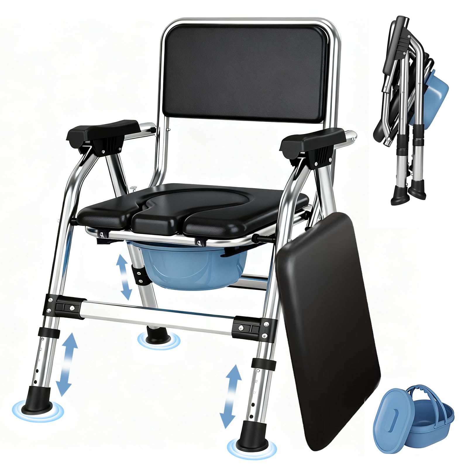 Silla con Inodoro Plegable, Silla WC Ajustable con Asiento Acolchado, Inodoro Portátil con Cubo Extraíble y Tapa para Dormitorio y Uso en Casa Negro