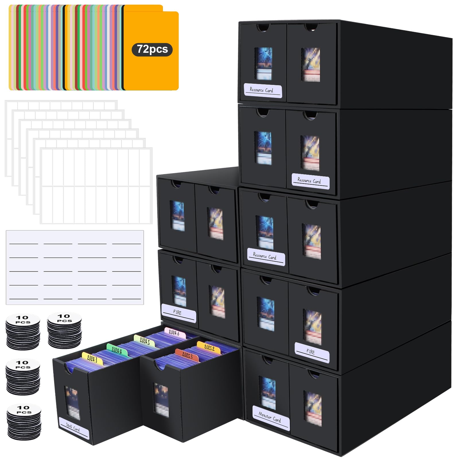 Caja Cartas para 14000+ Cartas, Caja Cartas para 2700 + Toploader con 72 Separadores de Tarjetas y Etiquetas Adhesivas, Cajas de Almacenamiento de Tarjetas Coleccionables para TCG MTG PTCG Yugioh
