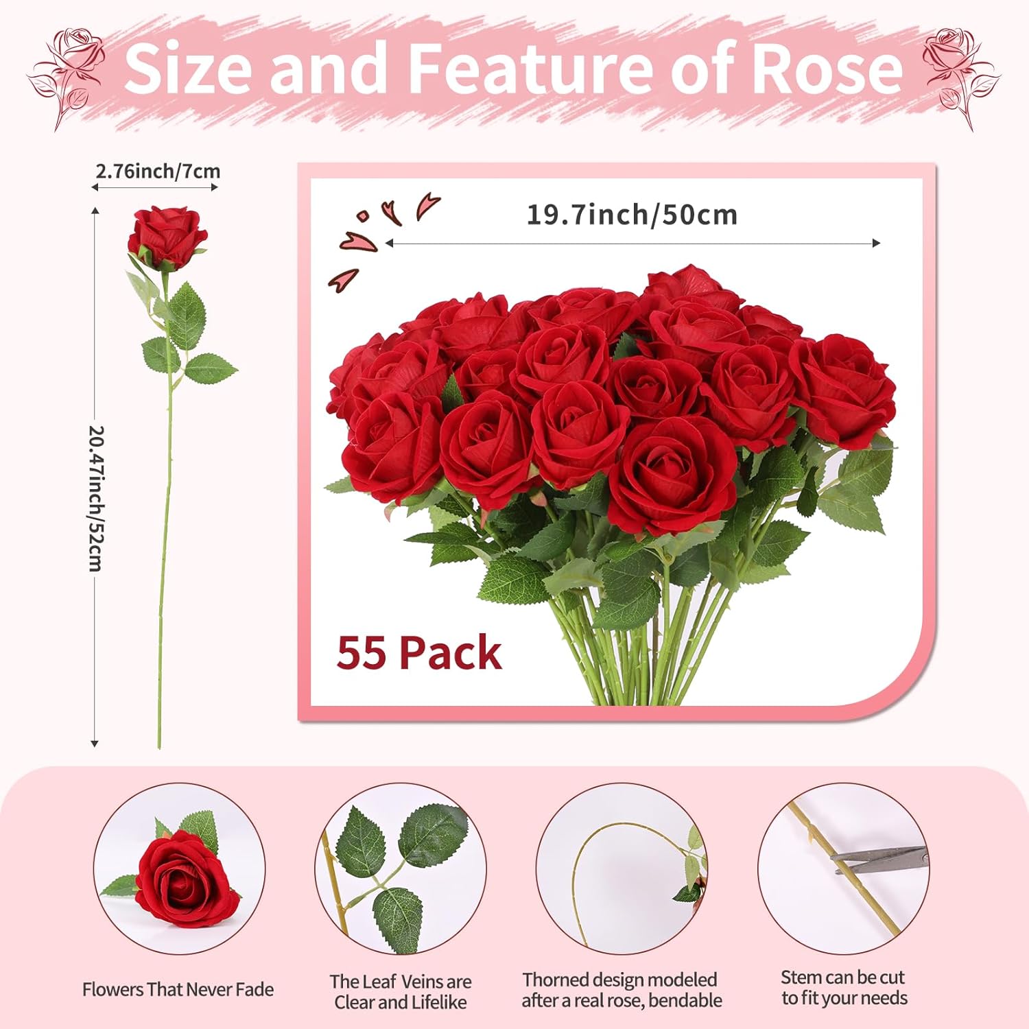 50 PCS Red Roses Artificial Flowers, Fake Red Rose Bouquet, Artificial Silk Red Roses with Stems for DIY Wedding Flowers Decoration, Valentines Day Mothers Day, Bridal Bouquet Roses