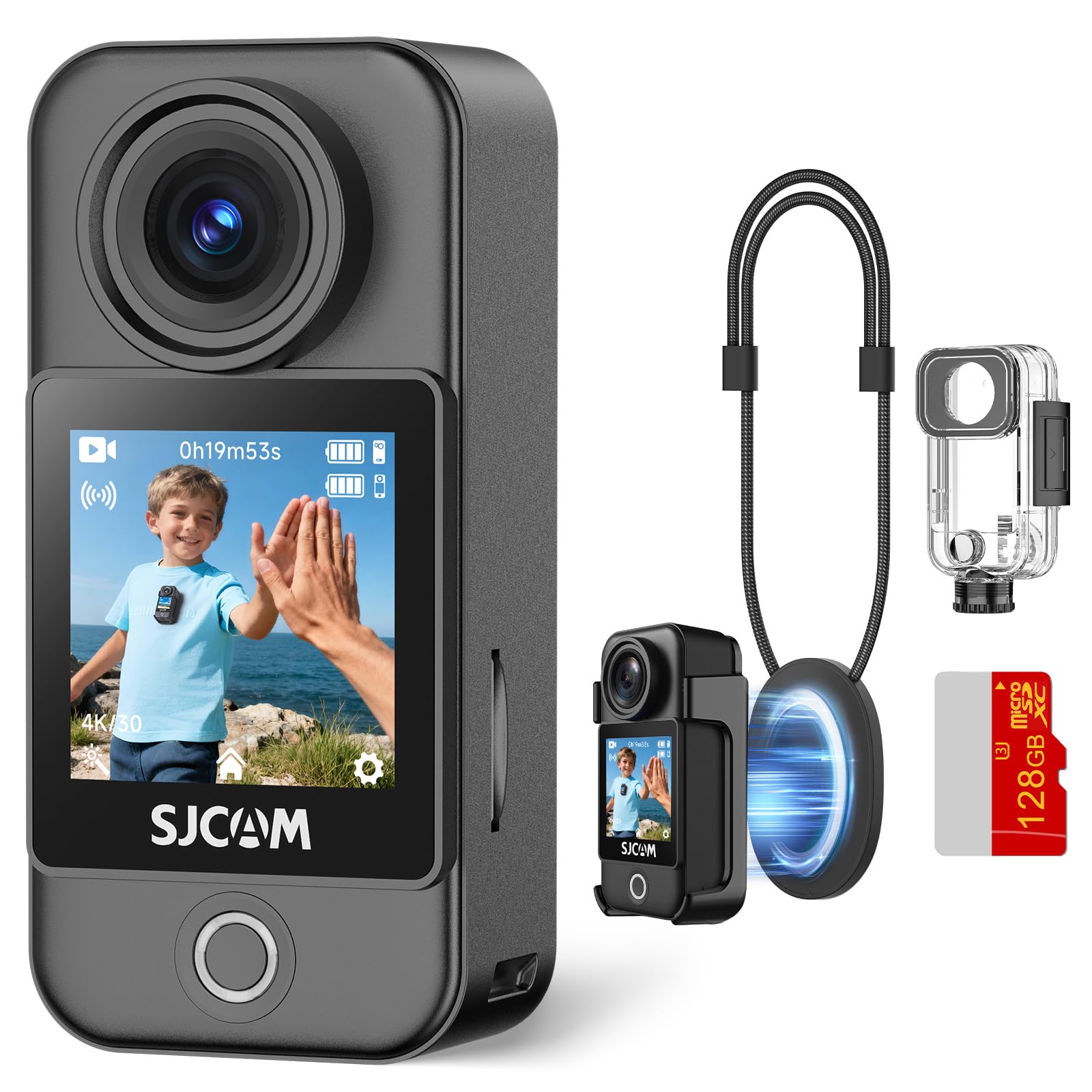 SJCAM C400 128GB Vlogging Pocket Camera, 4K Body Cam, 7H di potenza, 6-Axis Stabilizer Action Camera, 2.29'' Touch Screen, 30M Impermeabile, per YouTube Live Streaming, Nero