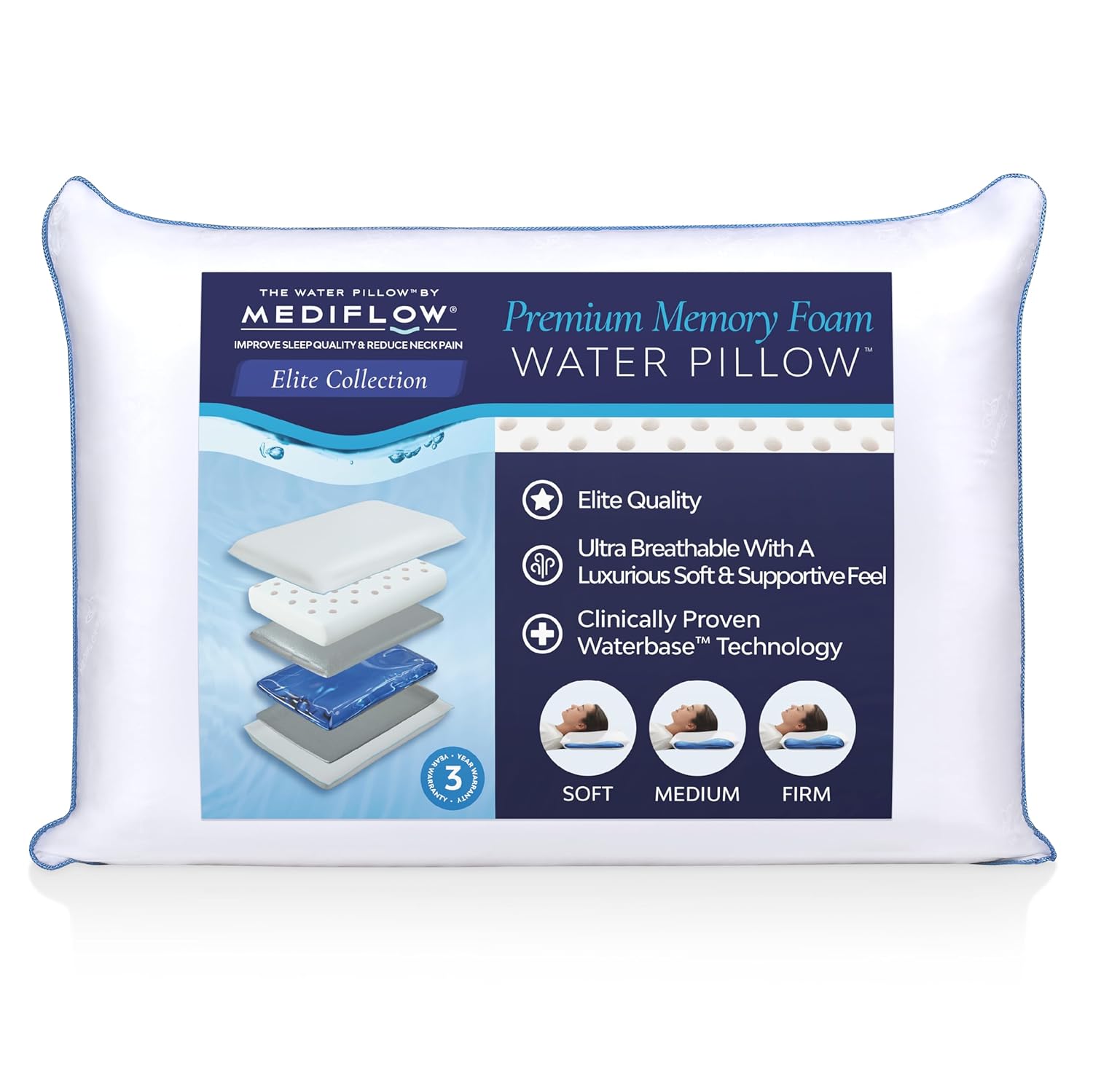 Mediflow Water Pillow - Elite Collection Memory Foam Pillow Orthopedic Pillow for Neck Pain Relief Adjustable Water Pillow