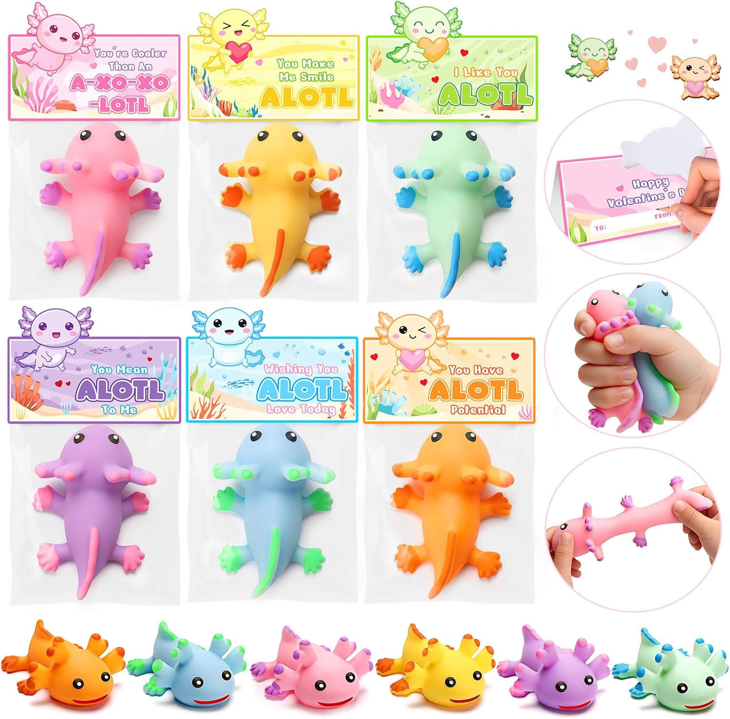 Valentine Gifts for Kids Classroom, 24 Packs Valentines Day Cards with Axolotl Squeeze Toys, Mochi Squeeze for School Exchange Party Favors Boys Girls