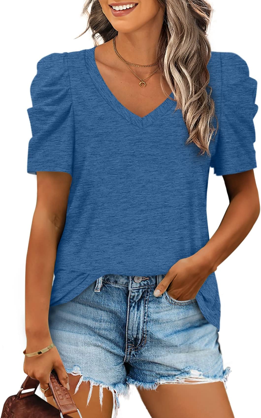 XIEERDUOWomens Summer Shirt V Neck Casual Tshirts Puff Sleeve Tops for Women Solid Color XS-3XL