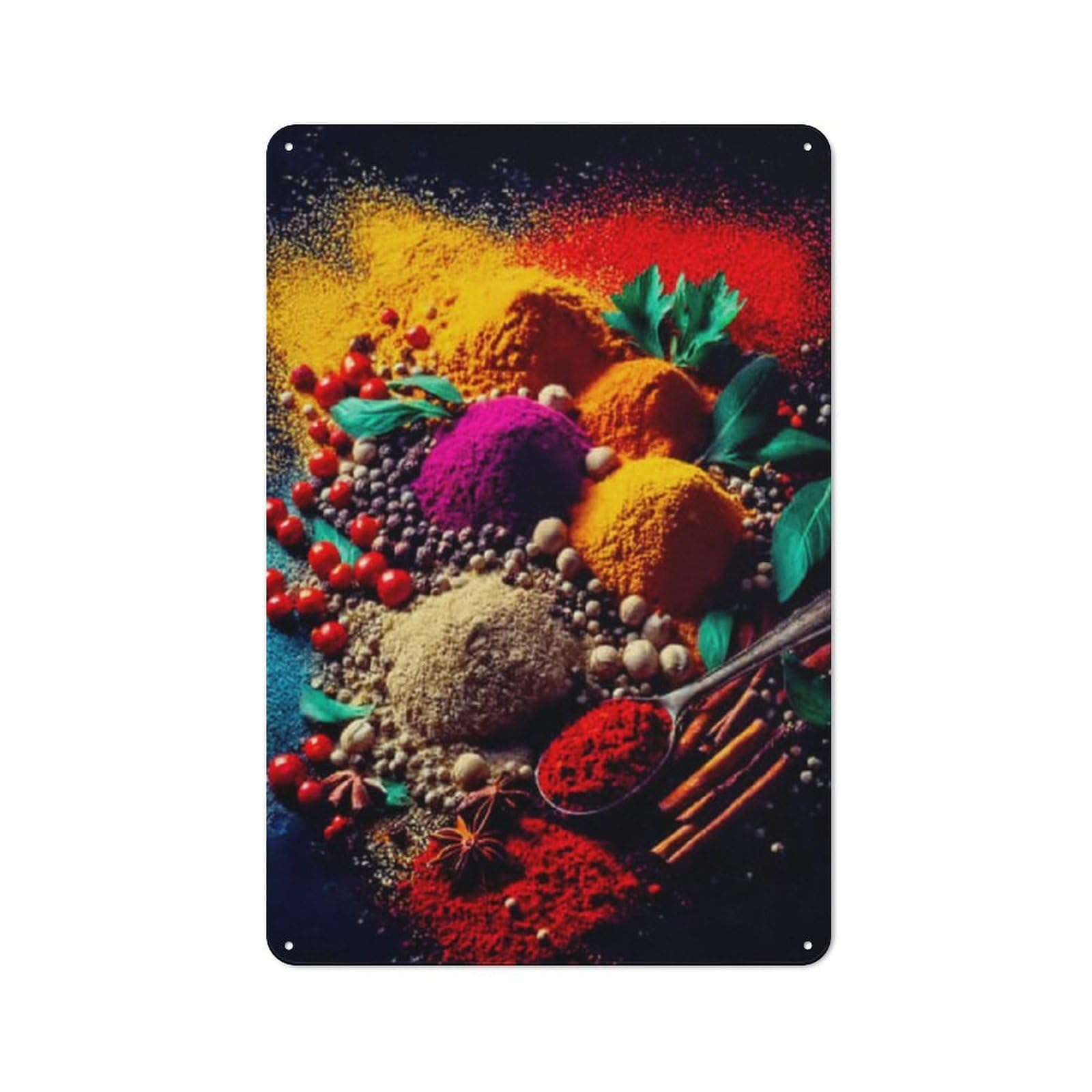 Junmoney Colorful Spices And Herbs Composition Classic Metal Plaque 30X20cm Featuring Bistro Wall Plaque For Kitchen, Cafe, Pantry Or Dining Room