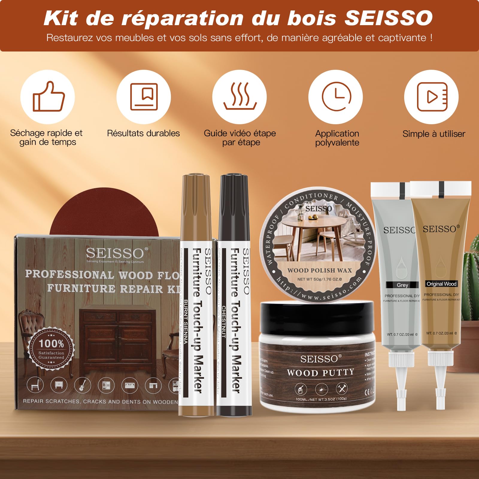 SEISSO Kit De Réparation De Meubles En Bois 39 Pièces, Pâte De Réparation De Mastic À Bois, Marqueurs De Retouche, Mastic À Bois Blanc, Huile De Cire, Pour Les Meubles En Bois, Les Planchers