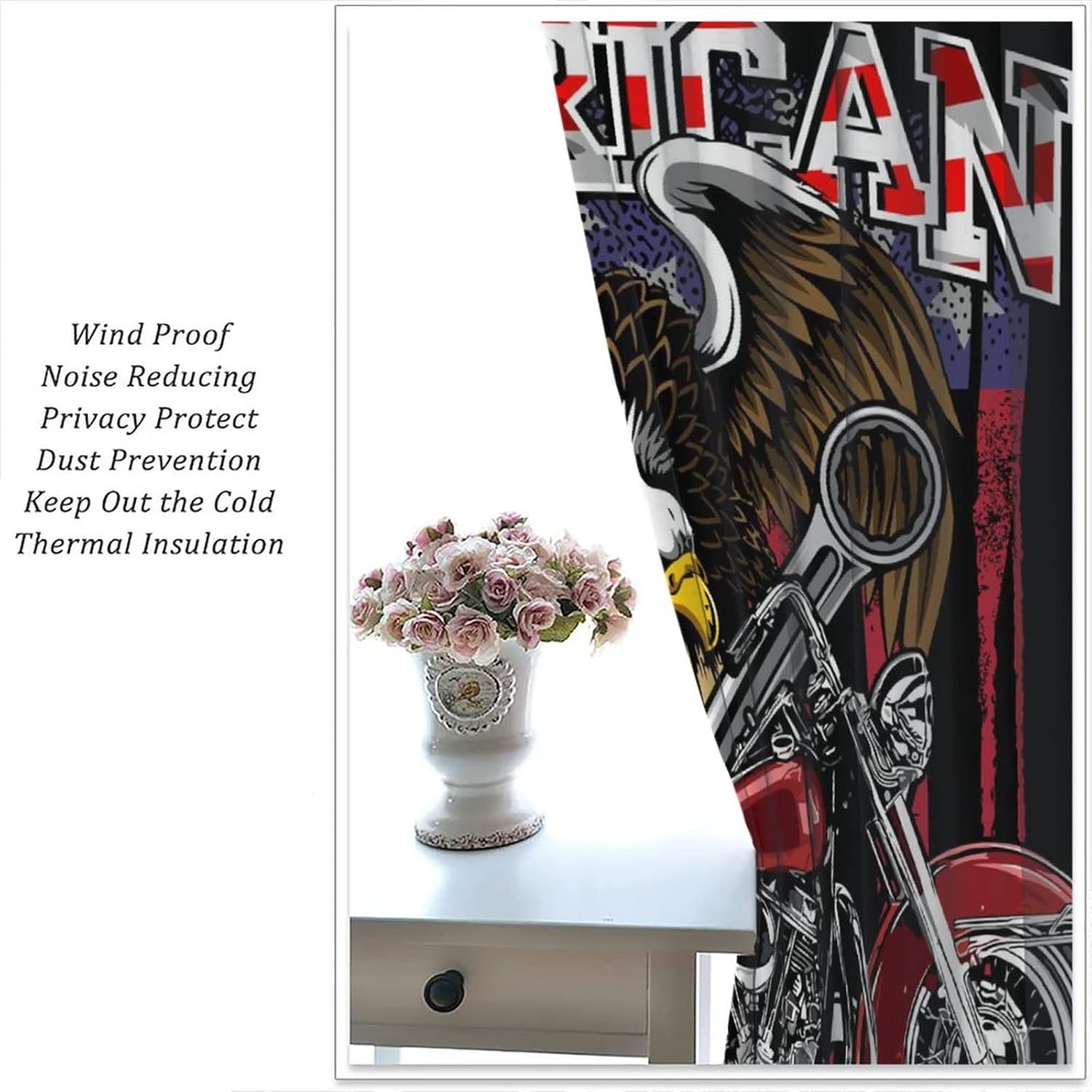 Funny Motorcycle Theme Blackout Curtains for Bedroom,Vintage Anime American Flag Eagle Red Motorcycle Window Drapes - Thermal Insulated and Noise Reduction,2 Panels 45L x 21W Room Darkening Curtains