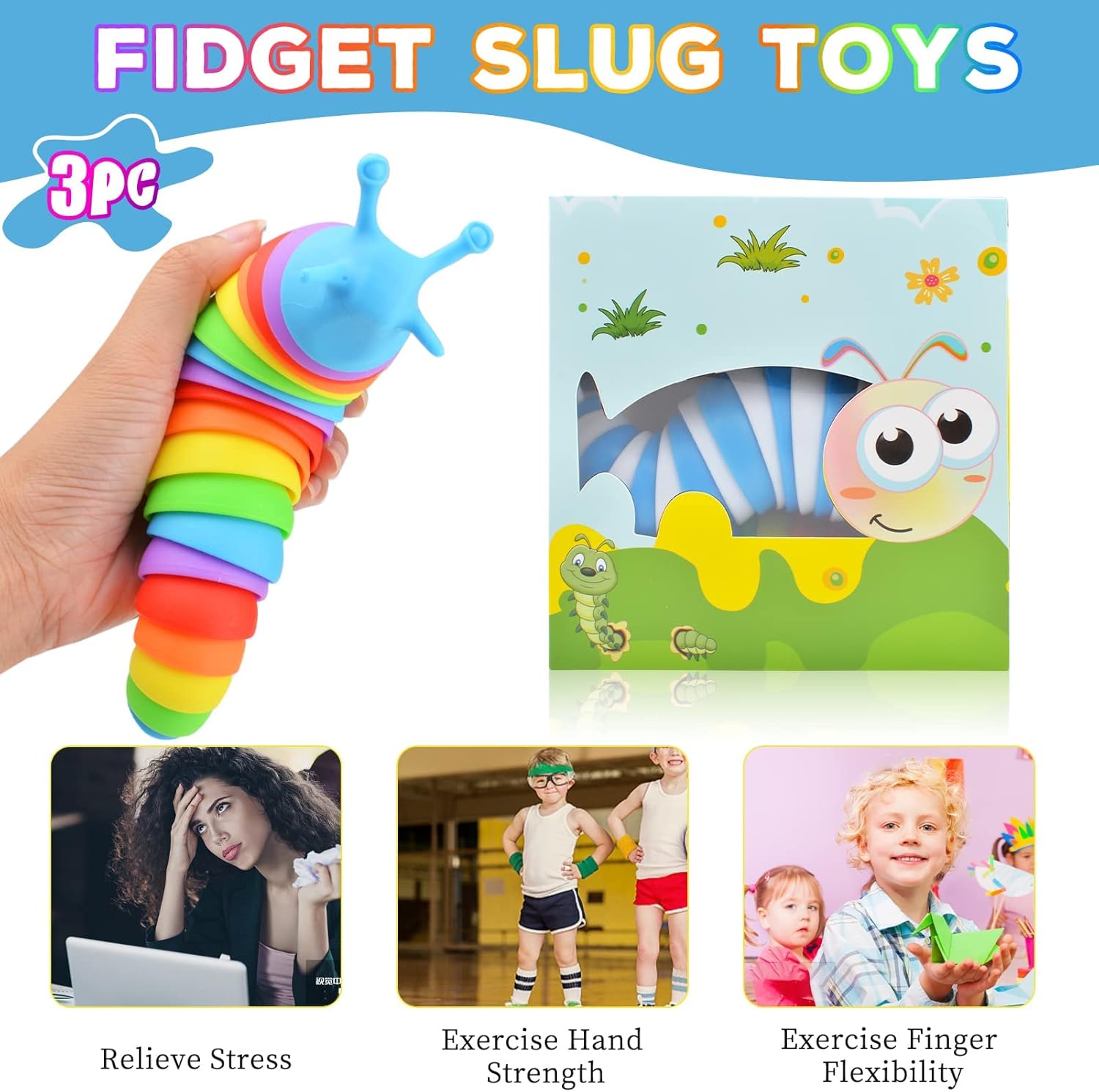 Cevioce Fidget Slug Toy, Sensory Slug Fidget Toy for Kids & Adults, 3Pcs Cute 3D Articulated Stim Toy - Valentines Day Gifts for Kids Toddler ADHD Autism|Easter Basket Stuffers - Image 4