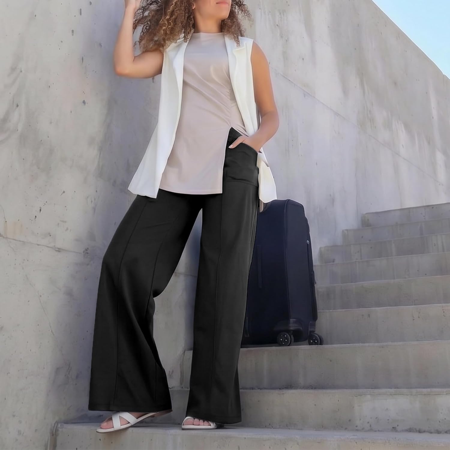 Womens Travel Pants Wide Leg Mid Rise Work Office Trousers Business Pant with Pockets