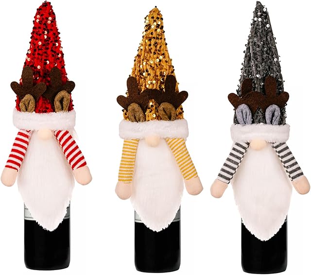 Vpoofree Christmas Wine Bottle Cover Bags Xmas Bottle Toppers Gnomes Plush Wine Bottle Cover Cap for Christmas New Year Holiday Party Decor(3pcs Christmas Wine Bottle Cover)
